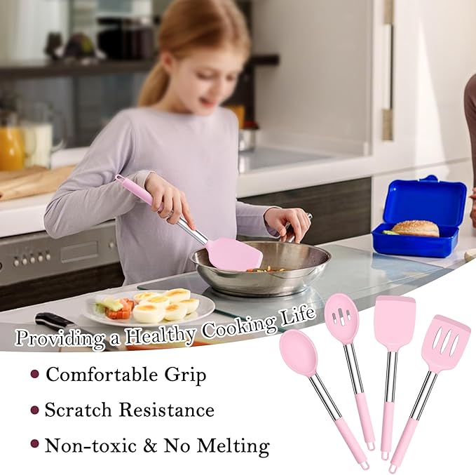 TeamFar Kitchen Utensils, 4 PCS Silicone Cooking Utensils Spatula Spoon Set with Stainless Steel Handle, for Frying Mixing Draining Turning, Healthy & Heat-proof, Non-stick & Dishwasher Safe - Pink