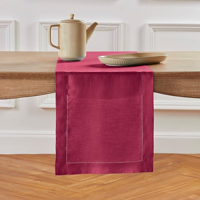 Solino Home Linen Beet Table Runner 90 Inches Long - 100% Pure Linen Hemstitch 14 x 90 Inch Table Runner for Dining, Christmas, Holiday, Winter, New Year - Classic Hemstitch
