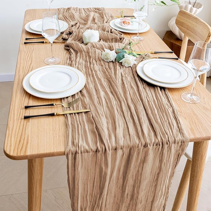Wokceer Cheesecloth Table Runner 4Pack 10FT Nude Brown Boho Gauze Cheese Cloth Table Runner for Party Long Rustic Sheer Table Runners for Baby Bridal Shower Wedding Easter Table Decor