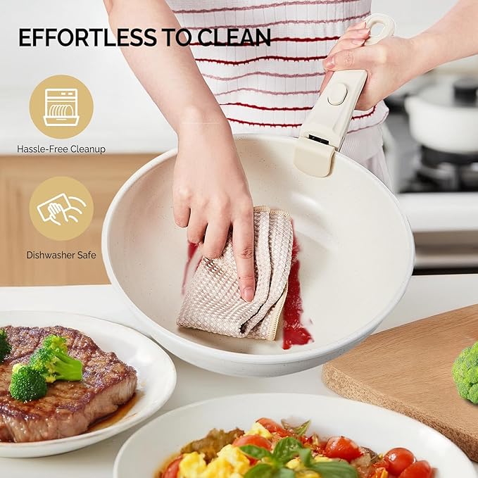 ROVSUN 19 Pcs Nonstick Pots and Pans Set, Cast Aluminum Kitchen Cookware Set with Detachable Handles, RV Kitchen Cooking Set and Utensils, Dishwasher Safe, PFAS PFOA & PFOS Free, Cream White