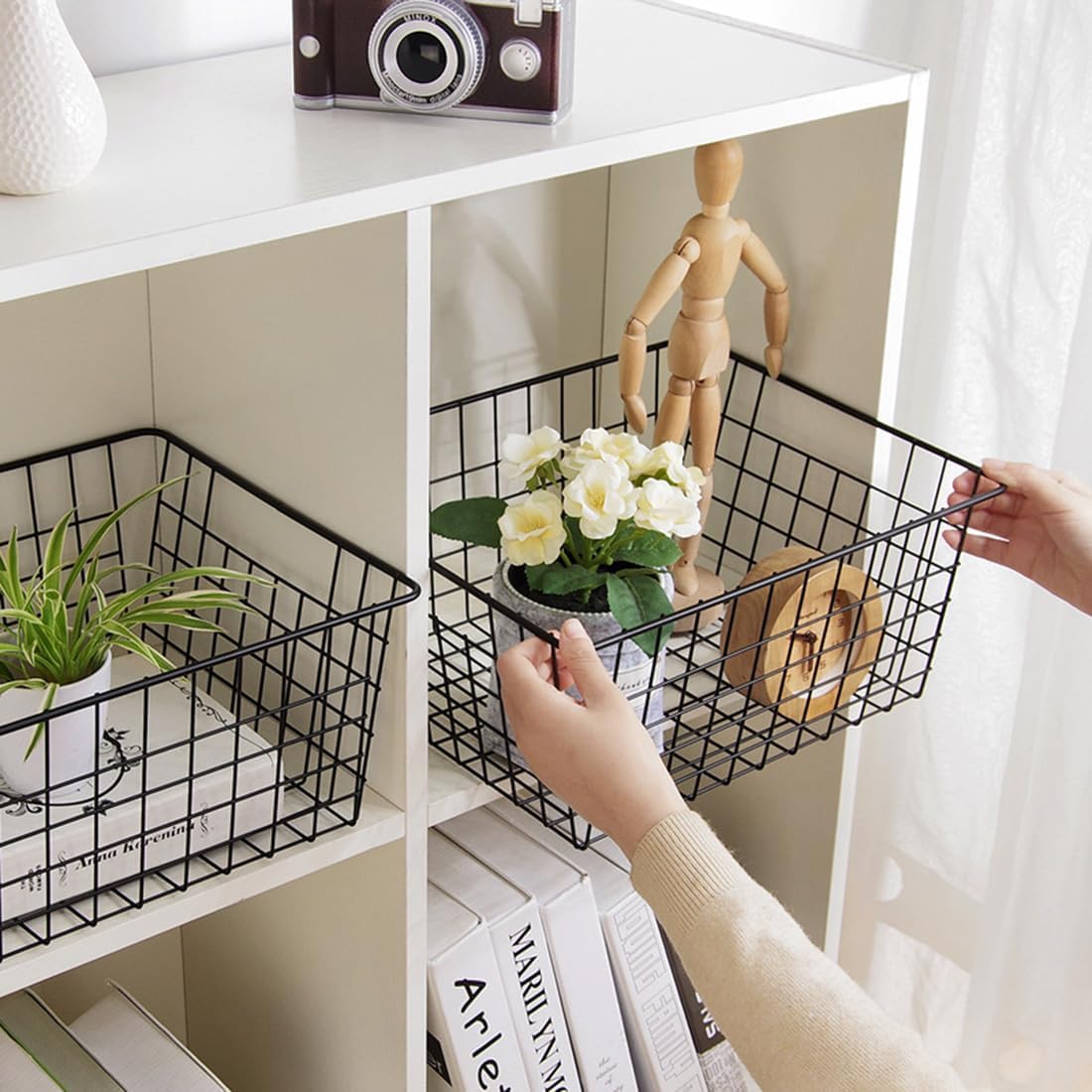 Kitchen Wire Baskets Farmhouse Decor Metal Food Storage Organizer,Household Refrigerator Bin with Built-in Handles for Cabinets,Pantry,Bathroom,Black