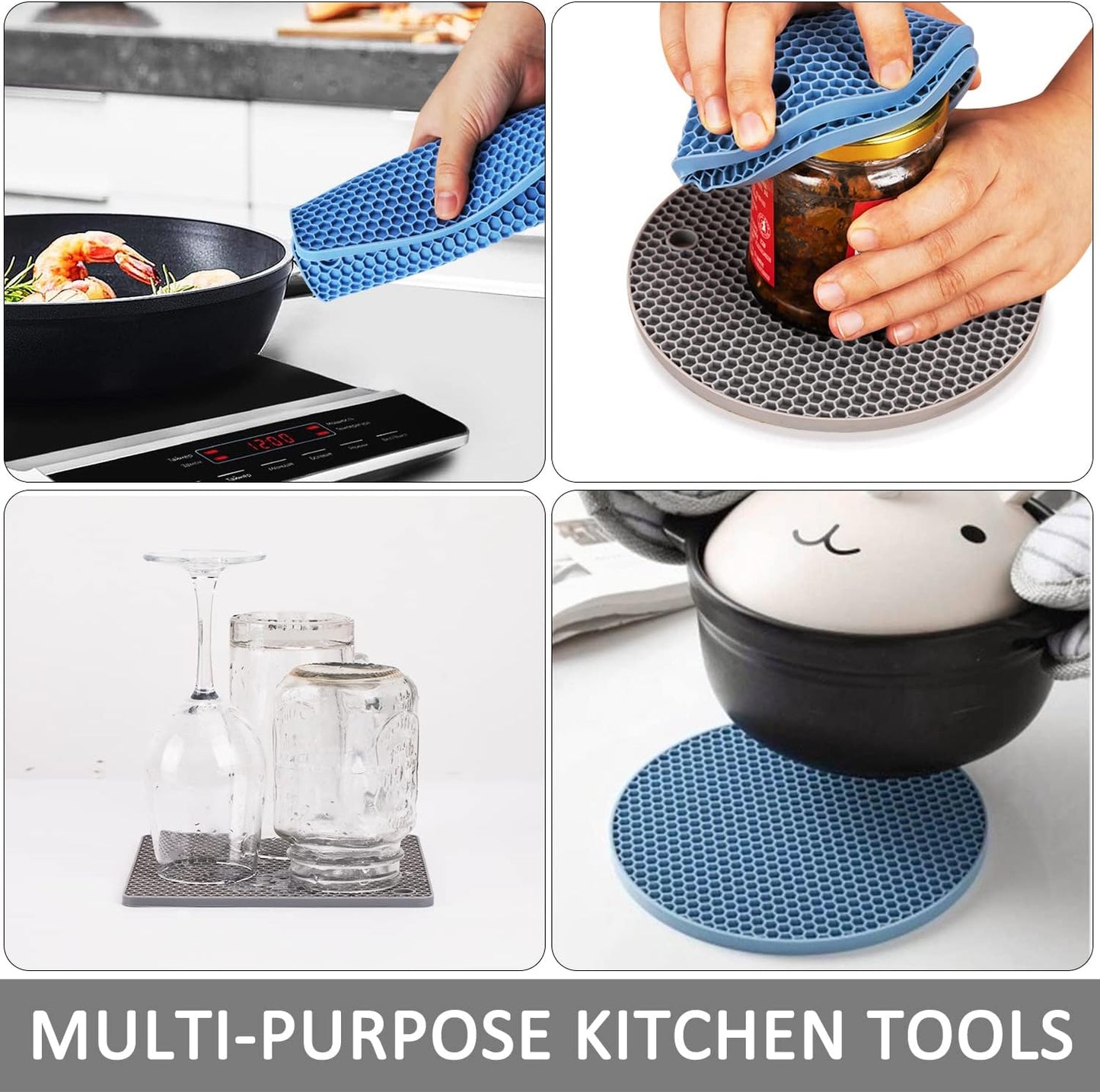 Trivets for Hot Dishes, 4 Pack Silicone Hot Pads Pot Holders for Kitchen, Non-Slip Heat Resistant Silicone Mat for Countertops, Spoon Rest, Multipurpose Food Grade Thick Trivet(Gray& Blue)