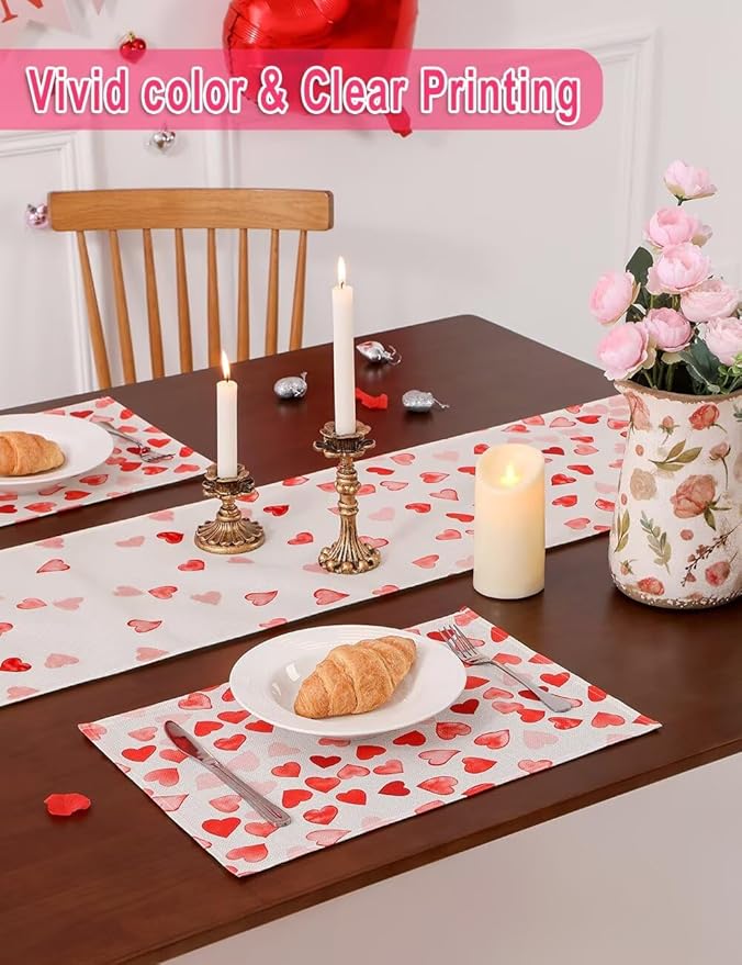Pink Red Love Valentine's Day Table Runner 13"x72" & 4 Pcs 12"x18" Placemats Sets with 12 Heart Balloons, Love Letter Balloons, Stickers & Blowing Straw for Home Party Decor