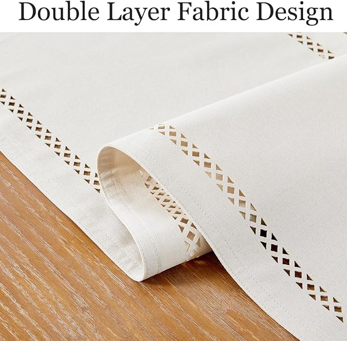 Burlap Style Farmhouse Table Runner, 13 x 60 Inch Off White, Rustic Geometric Hollow Table Runners 60 Inches Long for Dresser Table Everyday Use, 13x60 Inches, Off White