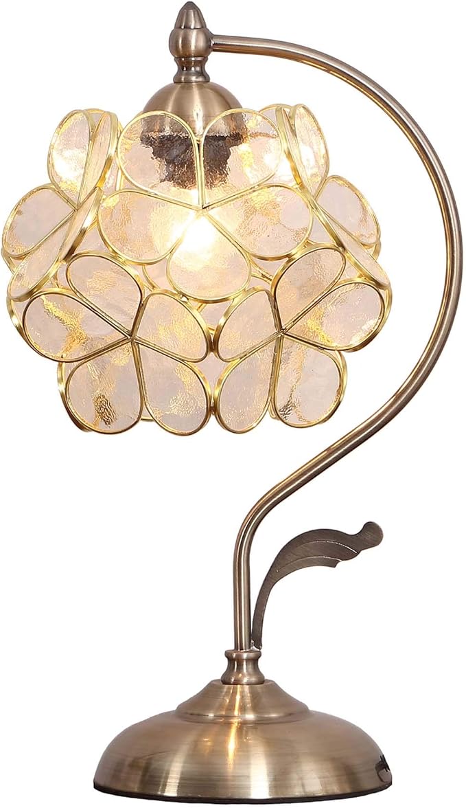 Bieye L10734 Tiffany Style Stained Glass Flower Petal Table Lamp with Brass Base for Home Décor (Clear, 8" Cherry Blossom)