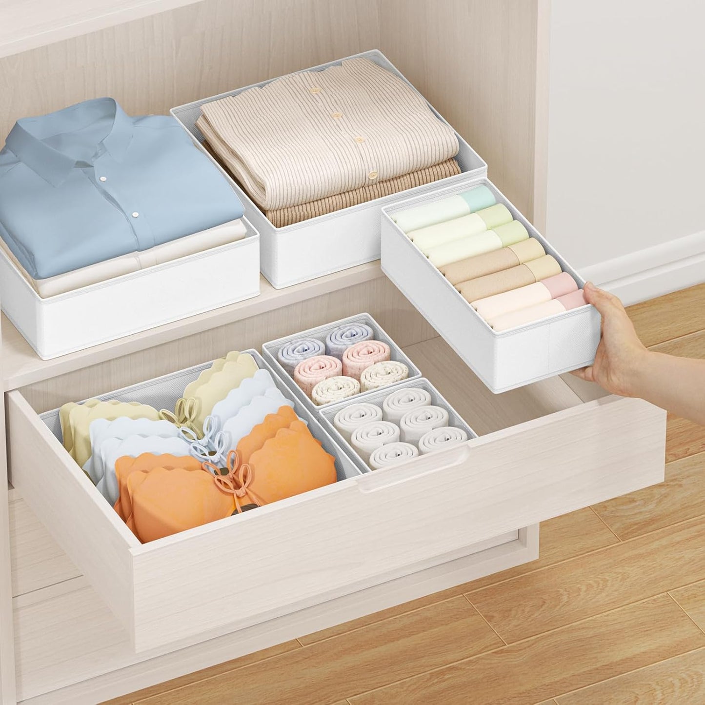 DIMJ Drawer Organizer Clothes 24 Pack - Foldable Baby Organizers and Storage & Dresser Organizer for Bedroom, Closet - Nursery Organization Dresser Dividers for underwear, Sock,Bra, Belt, Tie, White