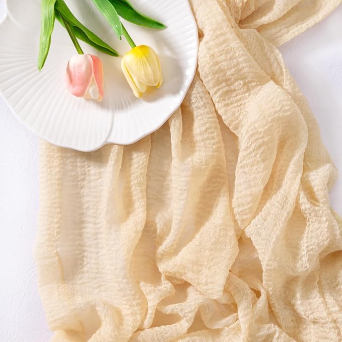 Socomi 3pcs Beige Cheesecloth Table Runner Fall Thanksgiving Gauze 120 Inch Rustic Boho Cheese Cloth Runner for Wedding Party Baby Bridal Shower Centerpiece Decoration Holiday Home Decorations