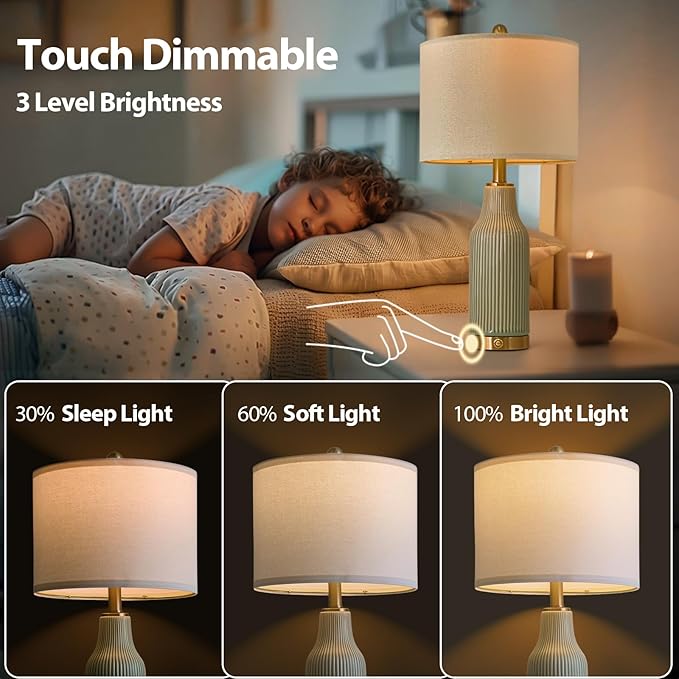 24.5" Modern 3-Way Dimmable Touch Control with USB A+C Ceramic Lamps Set of 2 Table Lamp for Living Room Bedroom Farmhouse Nightstand Bedside Green