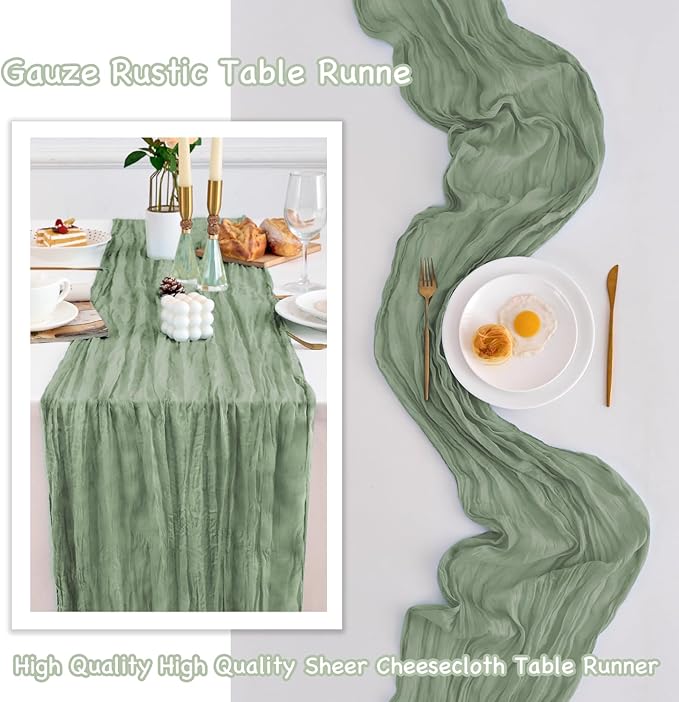 10 Pack Sage Green Table Runner 120 Inch Cheesecloth Table Runner 10FT Boho Gauze Table Runner Long Cheese Cloth Table Runner Semi Sheer Runners for Wedding Bridal Baby Shower Party