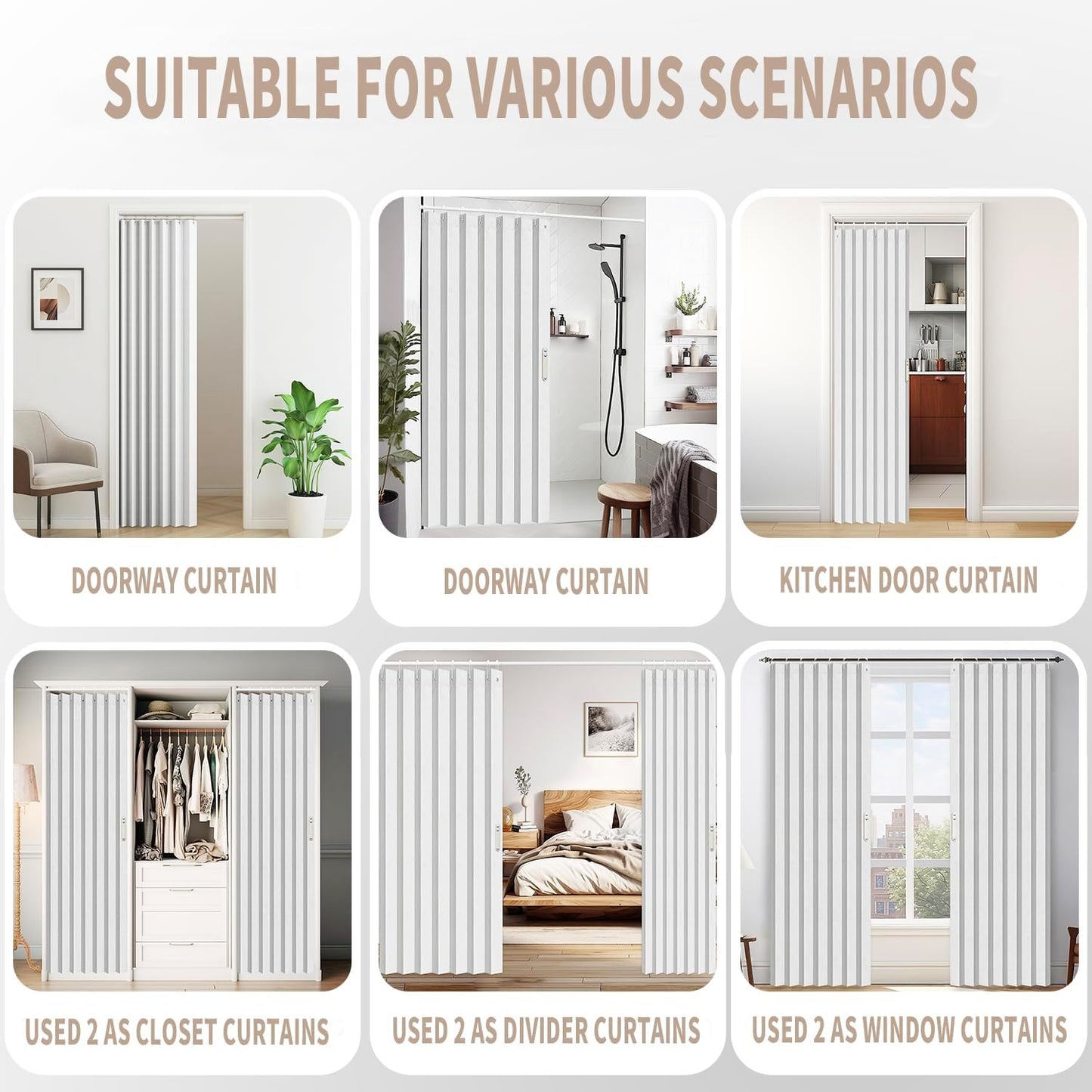 Vatge Door Curtains for Doorways, Accordion Style Curtain for Closet Doors, Temporary Doors for A Room Privacy, 1 Panel with Tieback, W52 x L78, Stone White