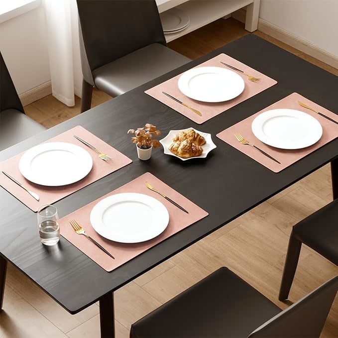 MOSAYT Vinyl Placemats Set of 8-12 X 17 Inch - Faux Leather 100% Waterproof Oil-Proof Wipeable PU Place Mats, Heat Resistant Reversible Table Mats for Kitchen, Dining, Outdoor (Pink)