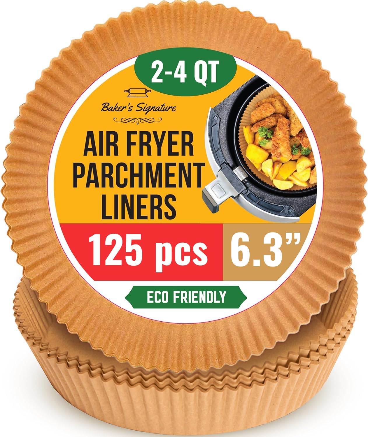 6.3” Small Round Air Fryer Liners, 2-4 qt Airfryer Paper Liners, 125Pcs Disposable parchment paper for air fryer – Non-Stick and Oil Proof for Easy Cleanup by Baker's Signature