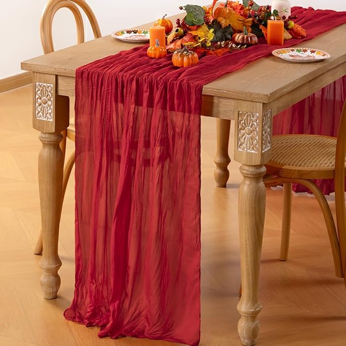 MLMC Red Table Runner 10ft Boho Gauze Cheesecloth Table Runner Rustic Cheese Cloth Decor 35x120 Inches for Wedding Reception Home Winter Christmas Valentine's Day Decor