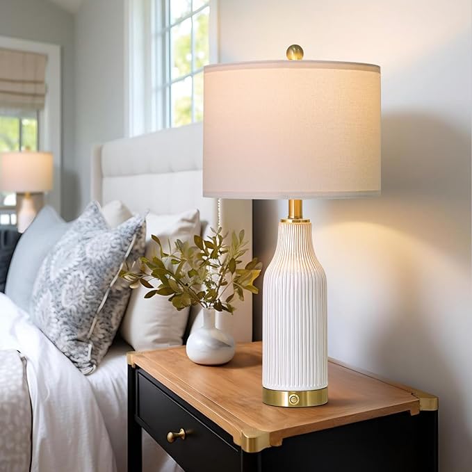 24.5" Modern 3-Way Dimmable Touch Control with USB A+C Ceramic Lamps Set of 2 Table Lamp for Living Room Bedroom Farmhouse Nightstand Bedside White