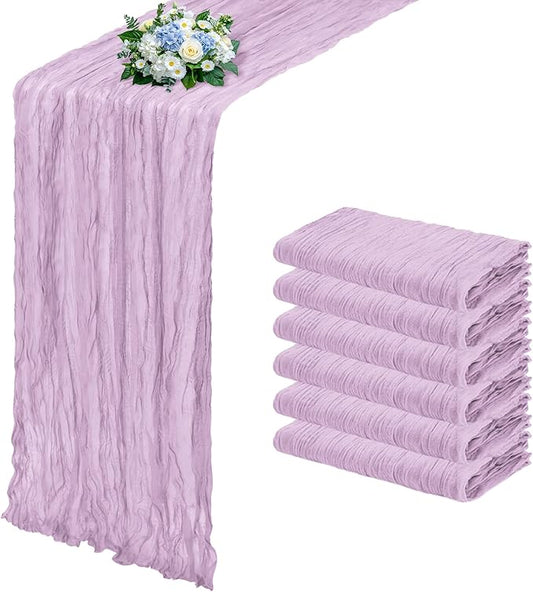 6 Pack Lavender Cheesecloth Table Runner 17x108 Inch Semi Sheer Boho Gauze Cheese Cloth Fabric Table Runners, for Wedding Party Baby Shower Birthday Home Decor Garden