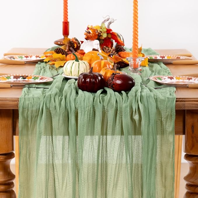 Sage Green Cheesecloth Table Runner 12 Pack Christmas Table Runners Boho Gauze 120 Inches Sage Cheese Cloth Table Decor for Xmas Holiday Season Parties Wedding Bridal Baby Shower Tea Party