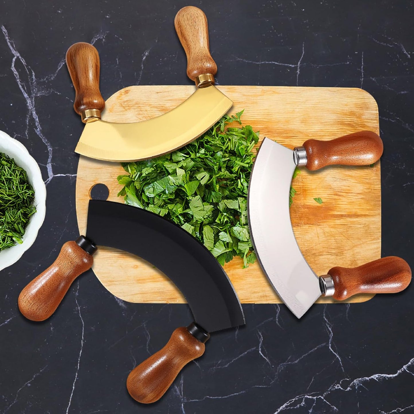 5.4 Inch Stainless Steel Mezzaluna Knife - Salad Chopper Rocker Pizza Cutter Rocker Knife Curved Blade Sharp Blade Double Acacia Wood Handle Fruit Vegetable Mincing (5.4 Inch Gold)