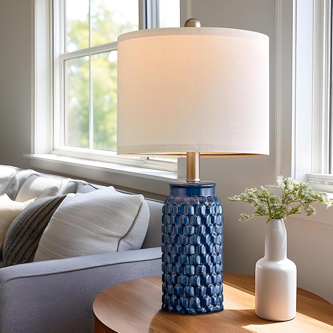 20.5 inches Modern Ceramic Dark Blue Bedside Lamp Set of 2 for Bedroom Decor Farmhouse Table Lamp for Living Room Office Dorm