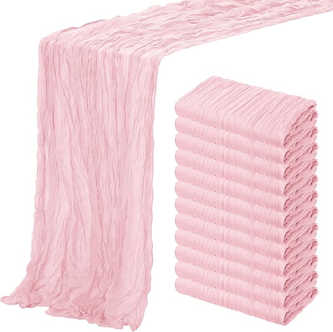 Aktor 12 Pack Pink Cheesecloth Table Runner 10Ft Gauze Table Runner Boho Semi Sheer Cheese Cloth Fabric Runners for Wedding Birthday Baby Shower Party Table Decoration（Pink）
