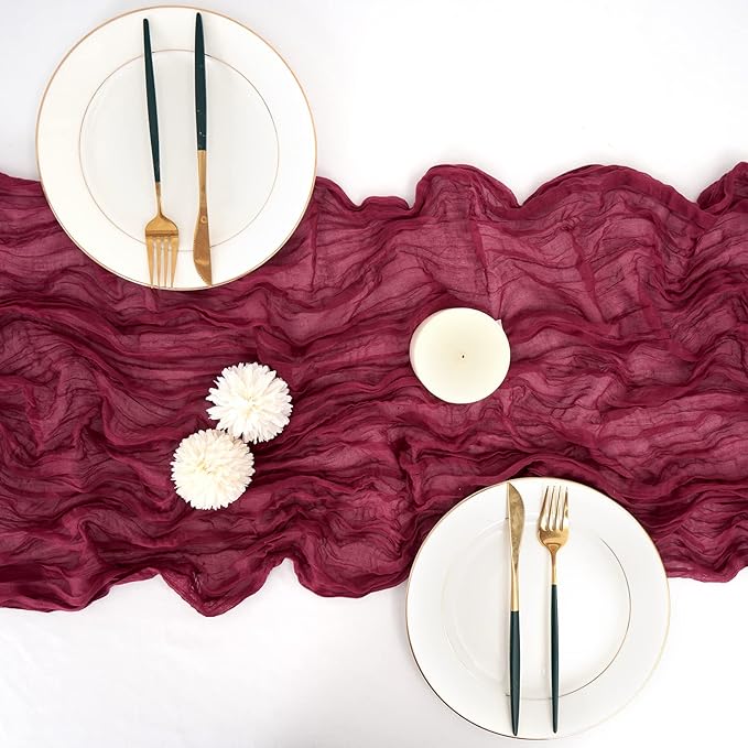 12 Pack 10Ft Burgundy Cheesecloth Table Runner 35 x 120 inch Boho Gauze Cheese Cloth Table Runner Vintage Rustic Sheer Runners for Wedding Bridal Shower Birthday Party Cake Table Decorations
