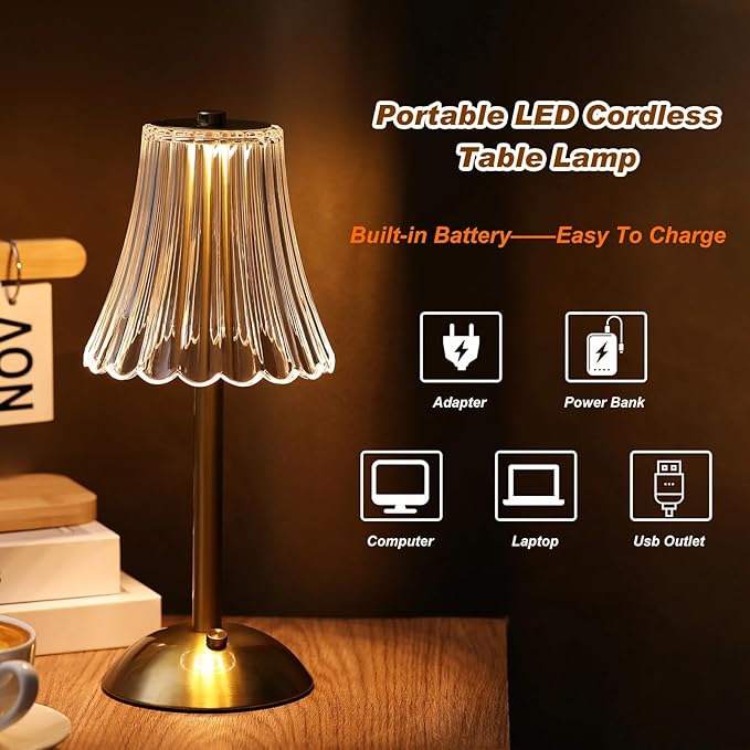 Liliful 8 Pcs Cordless Table Lamp Rechargeable Touch LED Small Gold Portable Battery Operated USB-c Desk Lamp 3 Color Dimmable for Bedroom Living Room Dining (Gold,Rose Style)