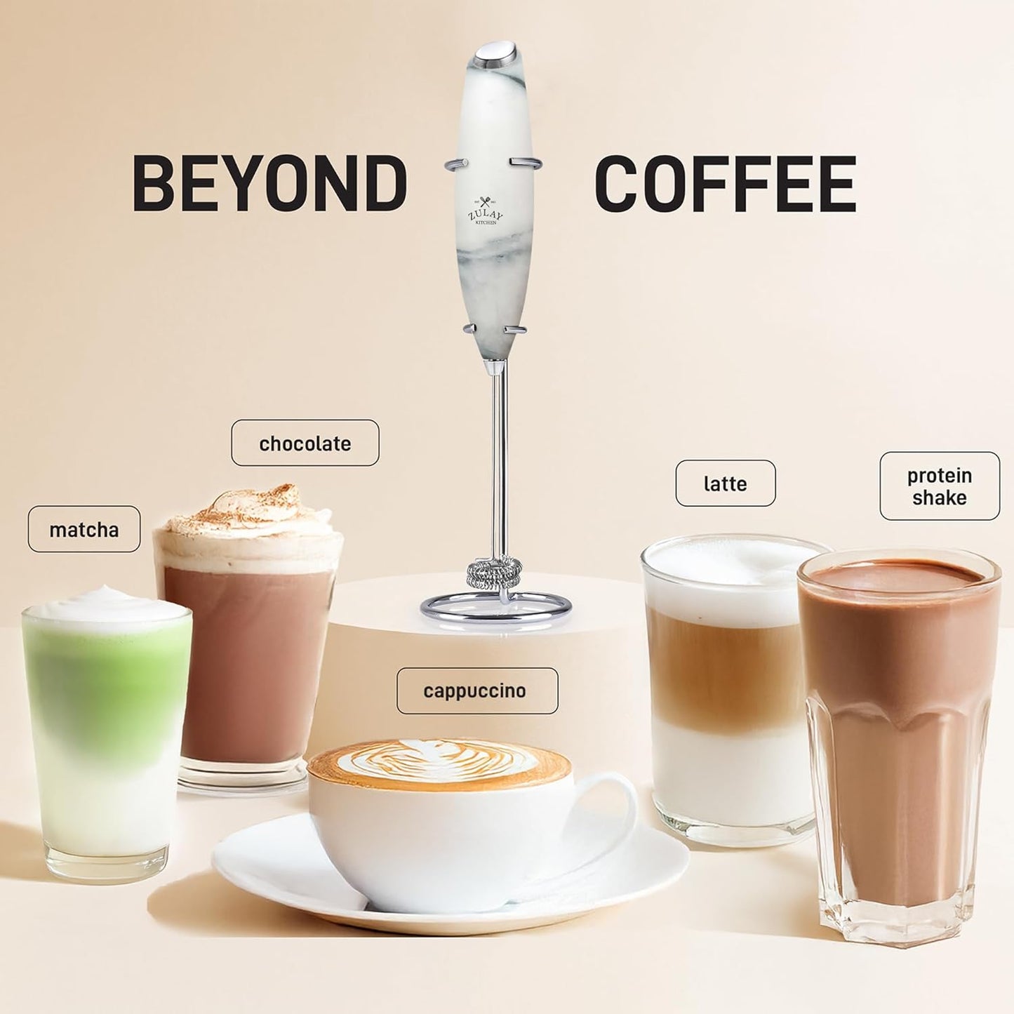 Zulay Kitchen Powerful Double Whisk Milk Frother Handheld - Foam Maker With Stand - Whisk Drink Mixer for Coffee, Mini Foamer for Latte, Matcha, Frappe, Hot Chocolate & Cappuccino (Crystal Quartz)