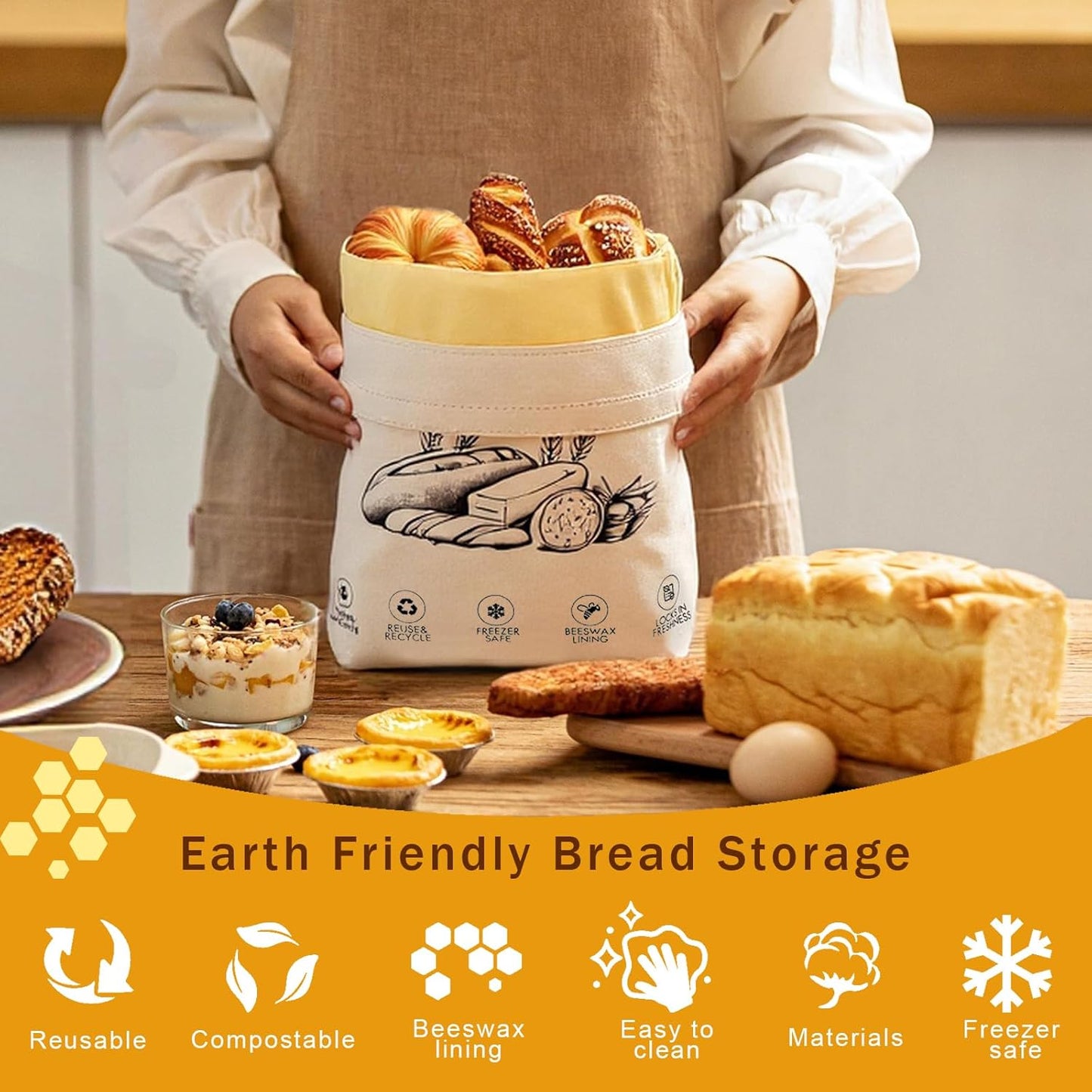 2-Pack Reusable Beeswax Bread Bags for Sourdough & Homemade Bread，Cotton Waxed Bags Keeps Fresh Longer(Ivory Loaf)