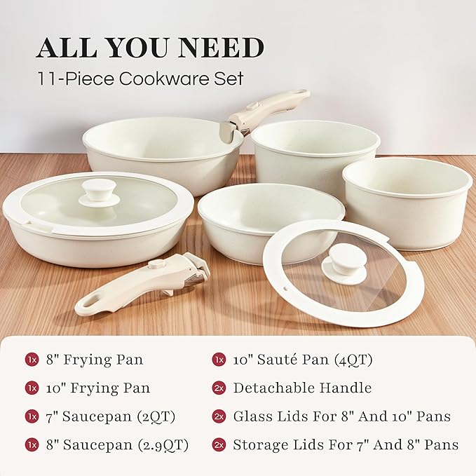GOURMETIFIC® Pots and Pans Cookware Set [11 PIECES] - Non Toxic Ceramic Coated Cooking Ware - Induction, Gas & Oven Kitchenware - Non Stick Pot & Pan with Removable Handles & Stackable (Terracotta)