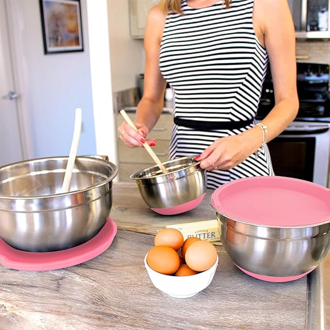 Stainless Steel Mixing Bowls with Lids and Non Slip Bases (Set of 3, Pink)