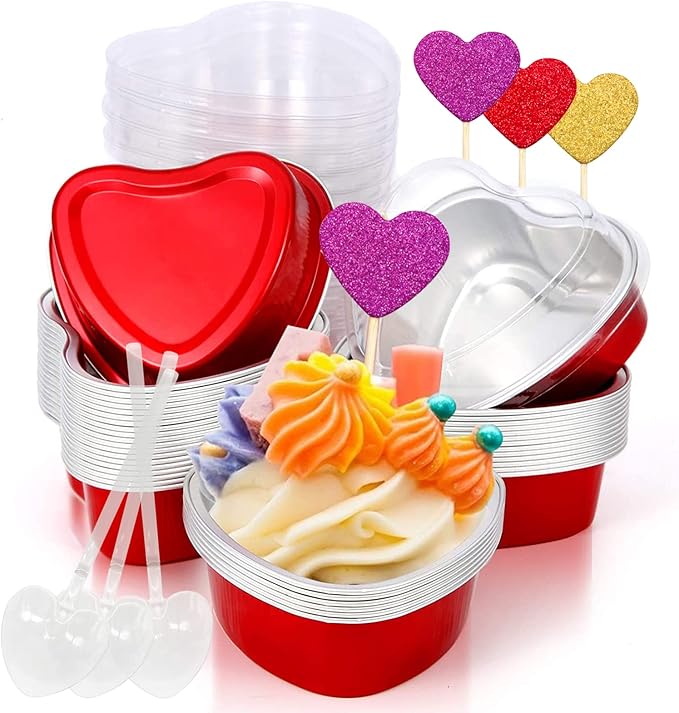 Heart Shaped Cake Pans Valentine Aluminum Mini Cake Pans with Lids for Baking 30 Packs 3.4 Ounces Disposable Cupcake Cup Pan Baking Pans for Valentine Mother's Day Wedding Birthday Baking Supplies