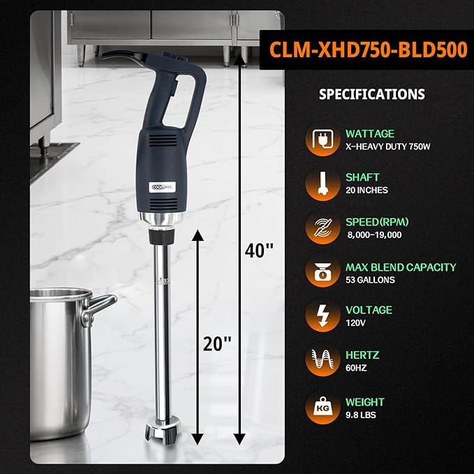 X-Heavy Huty 750W Commercial Immersion Blender, 20 Inch Removable Shaft, 8,000-19,000 RPM Variable Speed, 42 Gallons Hand Mixer, Secure Dual Button Start.