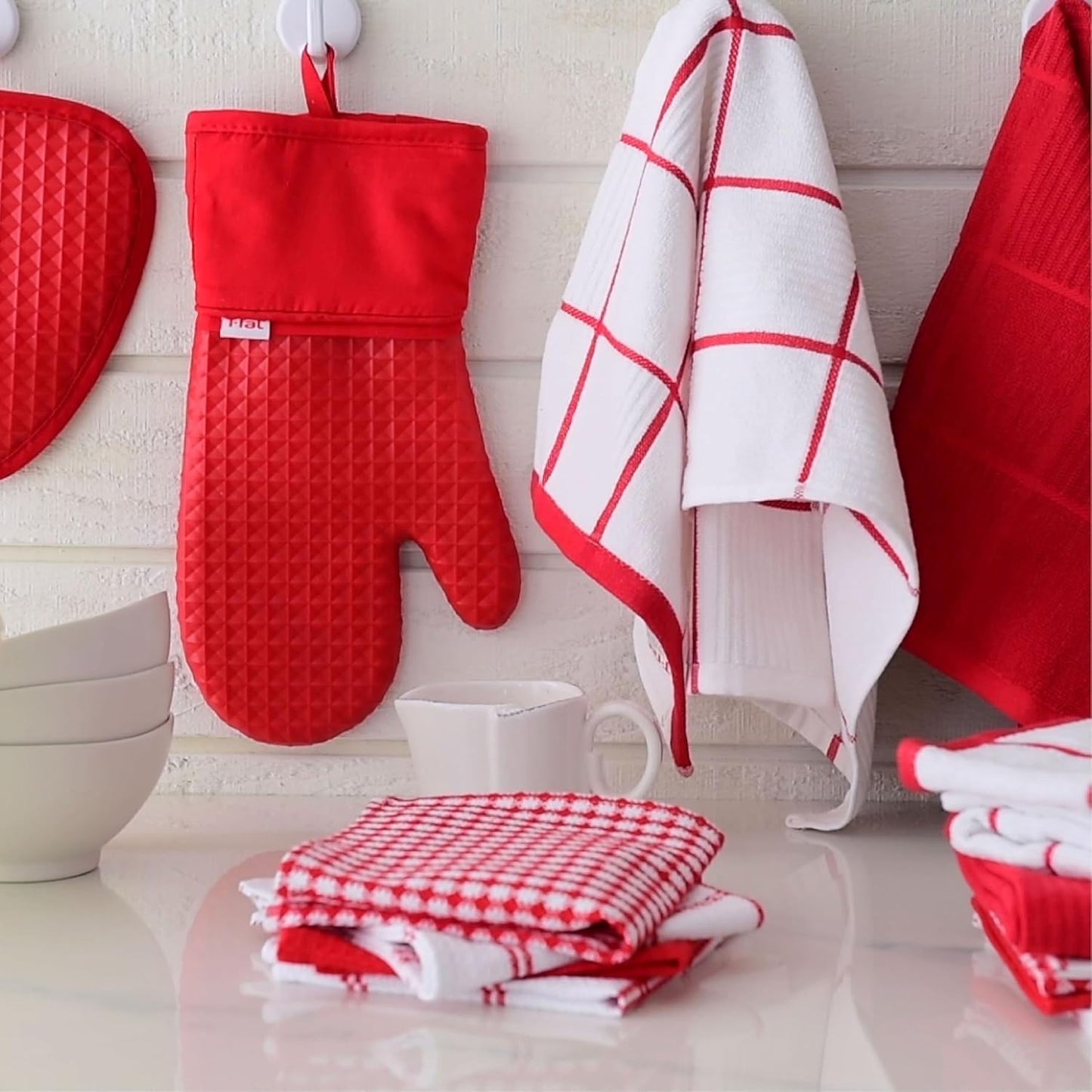 T-FAL Premium Waffle Dish Cloths: Highly Absorbent, Super Soft Long Lasting - 100% Cotton, 12"x13" Flat Waffle Dish Towel for Cleaning & Drying Dishes, (4-Pack), Red