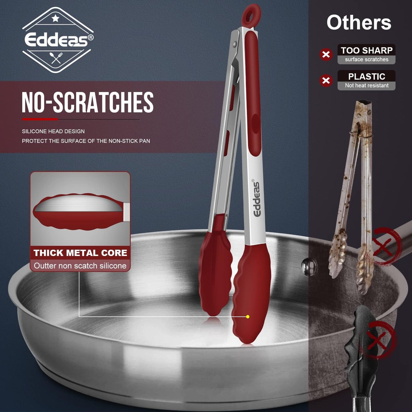 Tongs For Cooking - 7",9" and 12 inch Kitchen Tong with Silicone Tip,Heat Resistant 600 Degrees Metal Locking Tongs - for cooking,Salad and Barbecue,Red Set of 3
