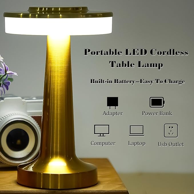 Riakrum 4 Pcs LED Portable Cordless Table Lamp with Touch Sensor 3 Color Stepless Dimming Rechargeable Battery up to 15 Hours Cordless Table Light Wireless Lamp for Nursery (Gold)