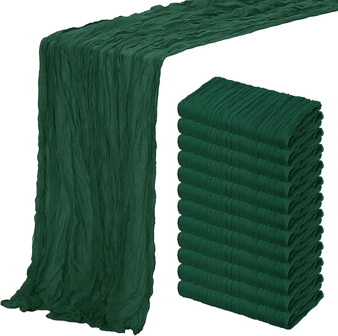 Aktor 12 Pack Christmas Table Runner 10Ft Emerald Green Cheesecloth Table Runner Gauze Boho Semi Sheer Cheese Cloth Fabric Runners for Wedding Birthday Baby Shower Party Decoration（Emerald Green）