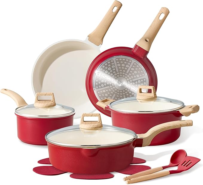 CAROTE 14 Pcs Ceramic Cookware Set, Pots and Pans Set Non Stick with Ceramic Coating, Induction Kitchen Sets, Red