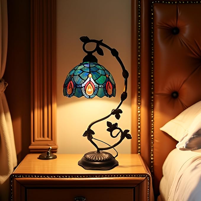 Tiffany Table Lamp, Stained Glass Desk Reading Light,Metal Leaf Table Lamp Base 8X10X21 Inches (Brown Crystal)