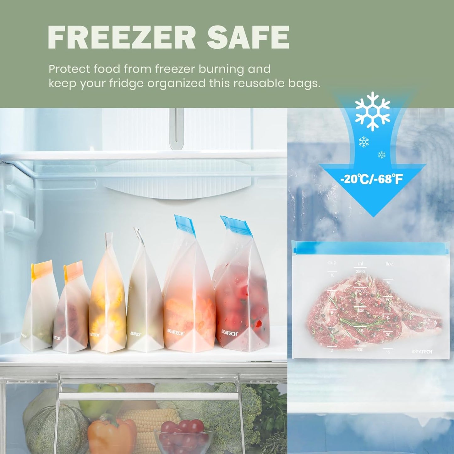 IDEATECH Reusable Sandwich Bags Gallon Freezer Bags Leakproof & Dishwasher Safe - Silicone Bag for Food Ftorage Stand Up for Meal Prep, Travel, Washable (6 Gallon + 6 Sandwich + 8 Snack)