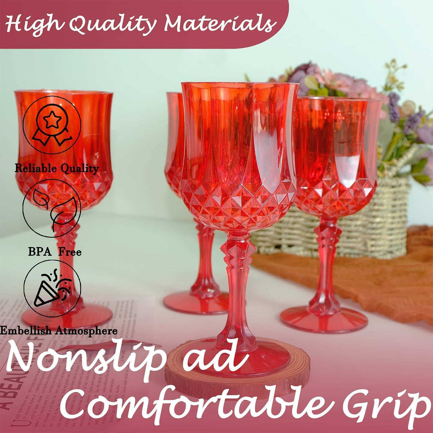 Plastic Wine Glasses，Plastic Goblets Vintage Style Cordial Drinking Glasses for Wedding Reception, Grand Event Party Supplies (24, Red)