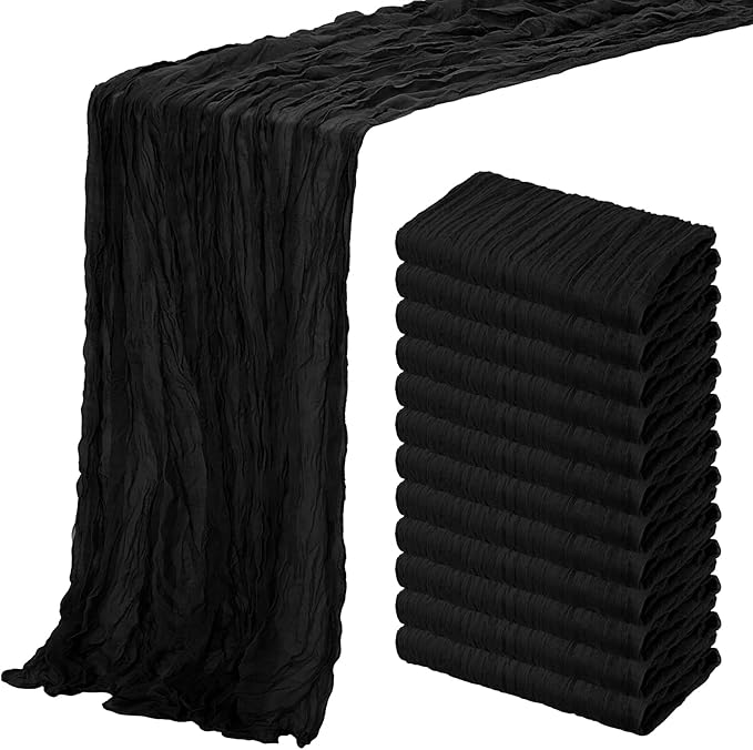 Aktor 12 Pack Black Cheesecloth Table Runner 10Ft Gauze Table Runner Boho Semi Sheer Cheese Cloth Fabric Runners for Wedding Birthday Baby Shower Party Table Decoration（Black）