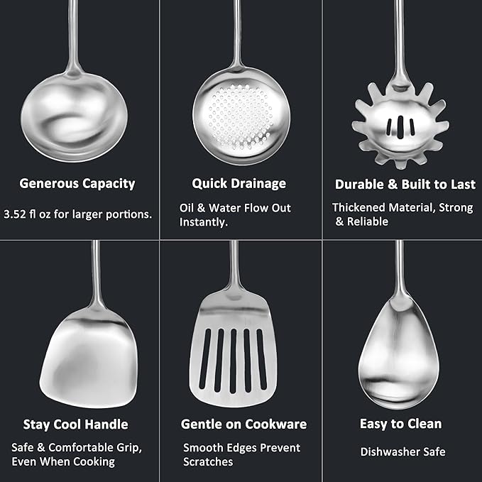 304 18/10 Stainless Steel Kitchen Utensils Set 11 Pcs Long Cooking Utensil, Spatula, Soup spoon, Leaking shovel, Ladle, Tunner, Pasta Server, Meat Fork, Tongs Kitchen Tools Set
