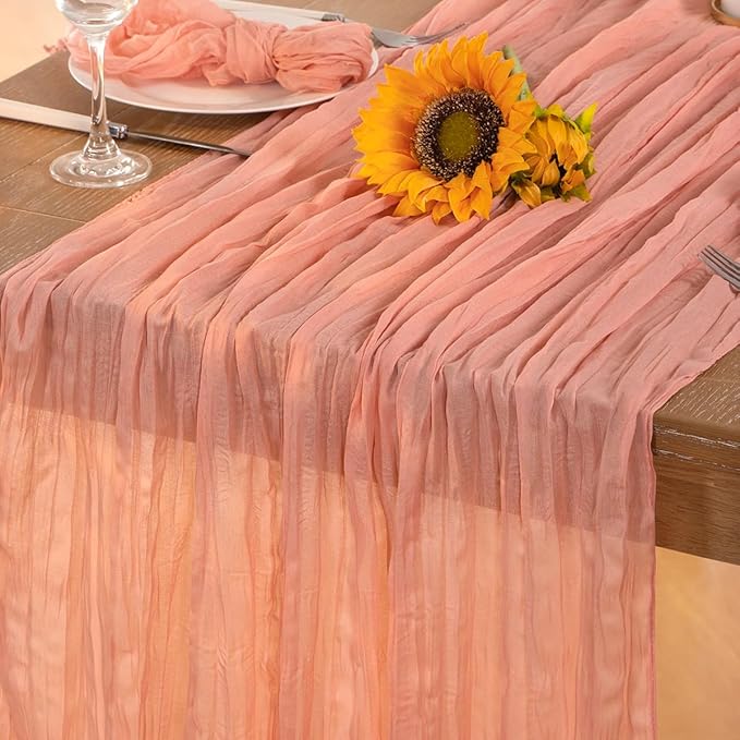 Coral Pink Cheesecloth Table Runner Christmas Table Runner Boho Gauze 120 Inches Coral Cheese Cloth Table Decor for Xmas Holiday Season Parties Wedding Bridal Baby Shower