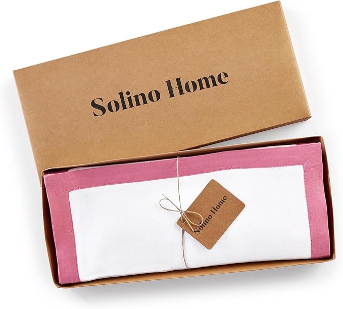 Solino Home Linen Table Runner 36 Inches - 100% Pure Linen Pink Carnation and White Short Table Runner 14 x 36 Inch Ideal for Dresser and Coffee Tables - New Year, Christmas - Classic
