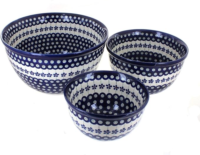 Blue Rose Polish Pottery - Blue Flowering Peacock Mixing Bowl Set - 3 Mixing Bowls - Polish Pottery Ceramic Bowl for Baking, Mixing & Serving