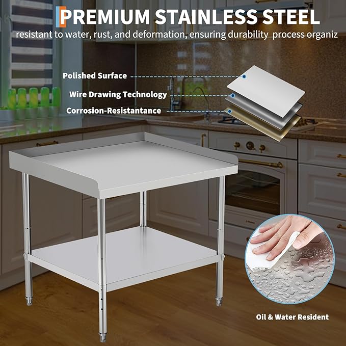 60x24x30 in Stainless Steel Equipment Grill Stand Table 400 LBS Capacity NSF Certified with Adjustable Legs, 2 in Edge Baffle, for Hotel, Home, Commercial Restaurant Kitchen