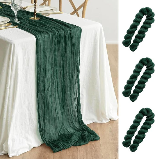 3 Pcs 35"×120" Emerald Green Cheesecloth Table Runner, Cute Pleated Boho Gauze Rustic Sheer Translucent Runner, Table Decorations for Christmas Wedding Baby Shower Birthday Thanksgiving Holiday