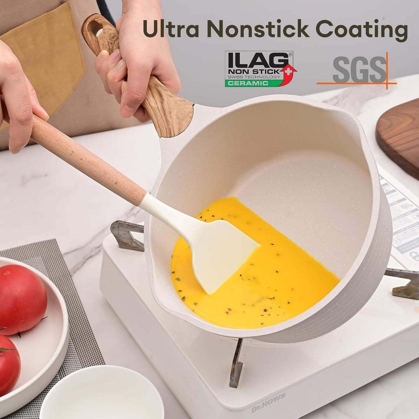JEETEE 2.5 Quart Sauce Pan with Lid, Non Stick Small Pot with German Granite Coating, Masterclass Cookware Sauce Pot for Cooking, PFOA/PFOS Free(Beige)