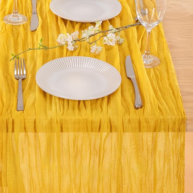 MLMC Gold Table Runner Rustic Winter Cheesecloth Table Runner 10ft Gauze Cheese Cloth Table Decoration 35x120 Inches for Wedding Picinc Party Family Gatherings Christmas Home Decor