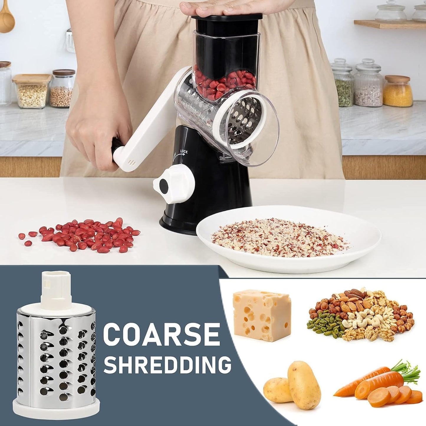 KEOUKE Rotary Cheese Grater with Handle - 3 Changeable Blades for Cheese, Vegetables, Nuts - Black