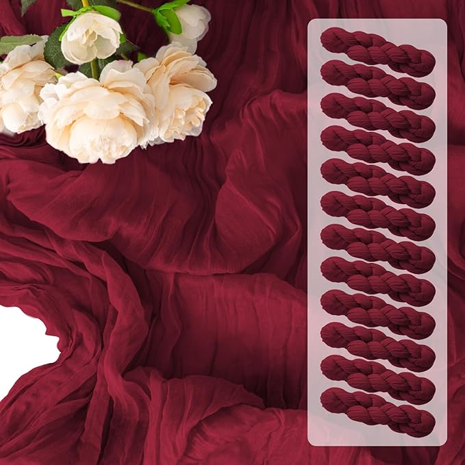 12 Pack Burgundy Table Runners 10FT Cheesecloth Table Runner 21 x 120 inch Boho Gauze Cheese Cloth Table Runner Rustic Sheer Table Runners for Party Wedding Bridal Baby Shower Birthday Table Decor